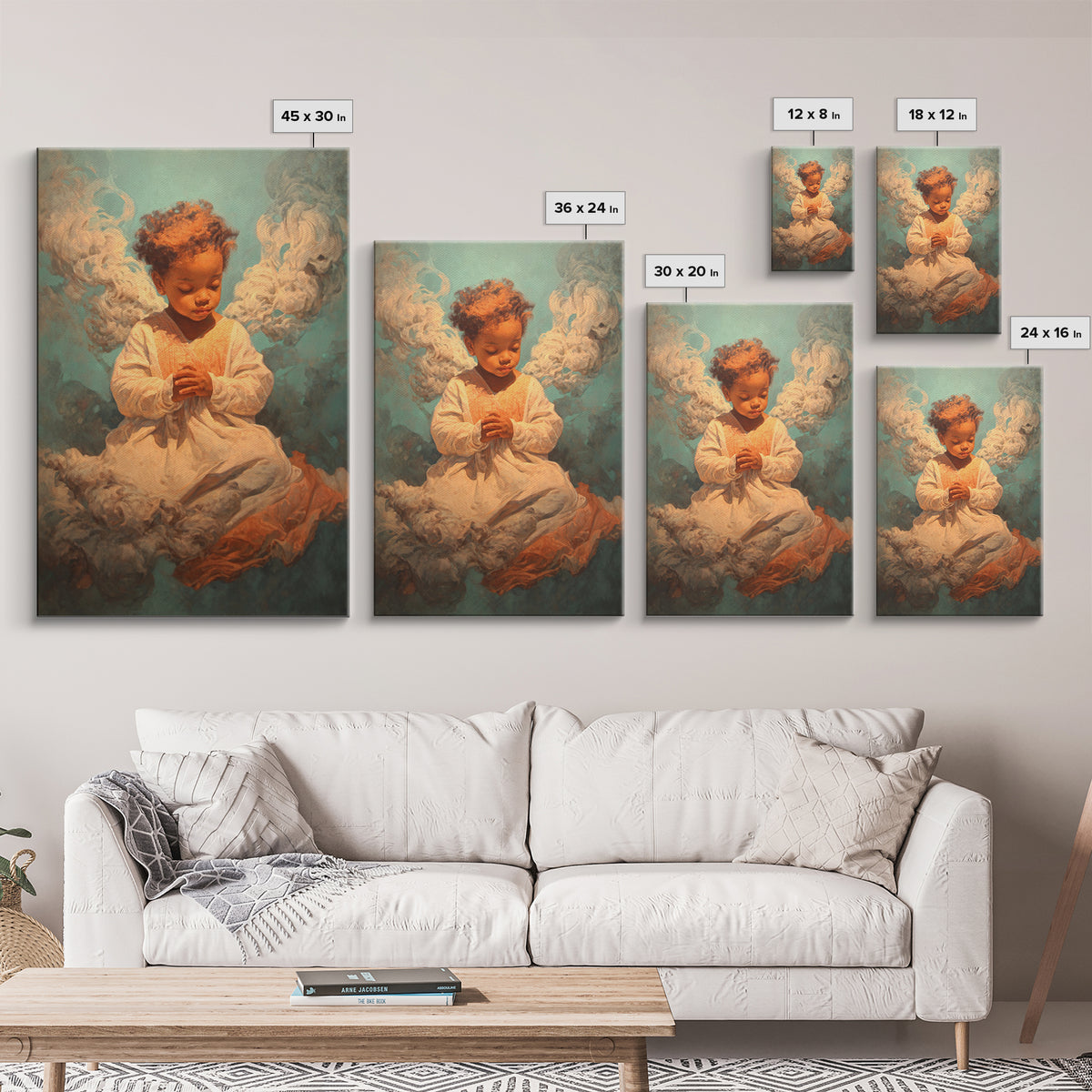 Praying Black Child In Clouds Canvas Print, Angelic Spiritual Wall Art, Dreamy Portrait Decor, Black Beauty Gift For Her