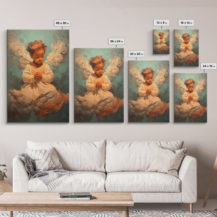 Praying Black Child In Clouds Canvas Print, Angelic Spiritual Wall Art, Dreamy Portrait Decor, Black Beauty Gift For Her