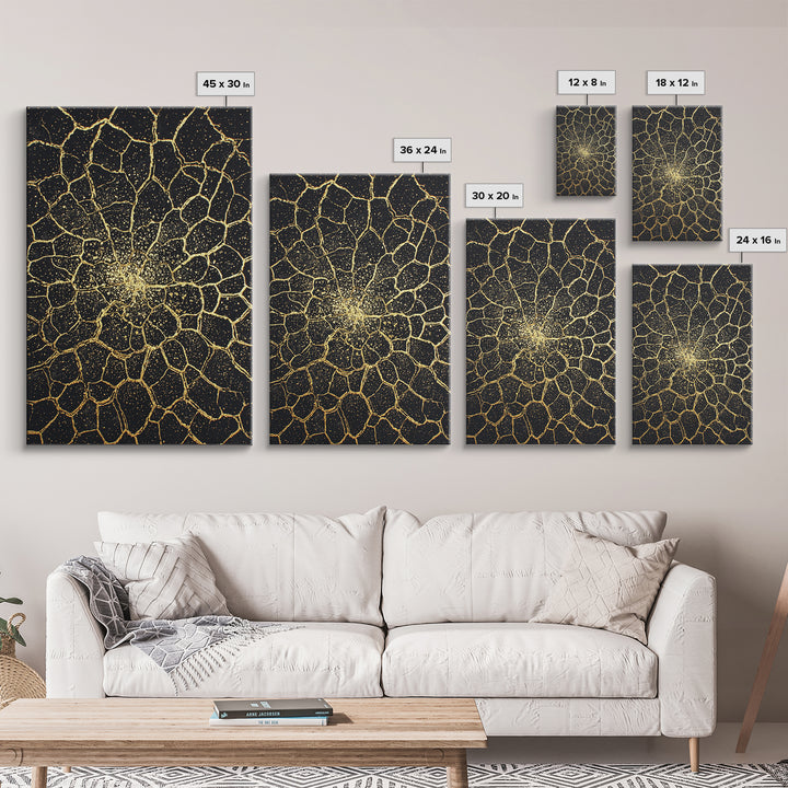Black And Gold Cracked Floral Mandala Wall Art, Abstract Geometric Canvas, Luxury Home Decor, Statement Piece Gift For Living Room