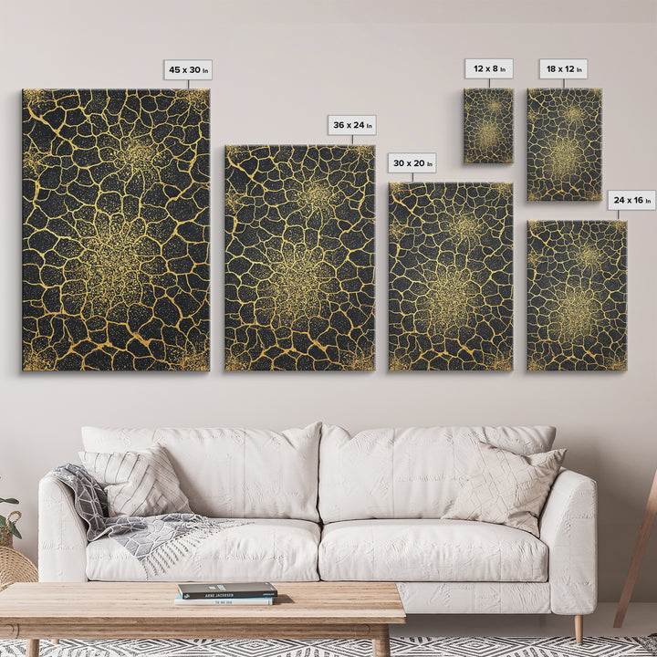 Gold Botanical Crackle Pattern Canvas Print, Black Abstract Wall Art, Geometric Floral Decor, Luxury Statement Piece For Modern Home