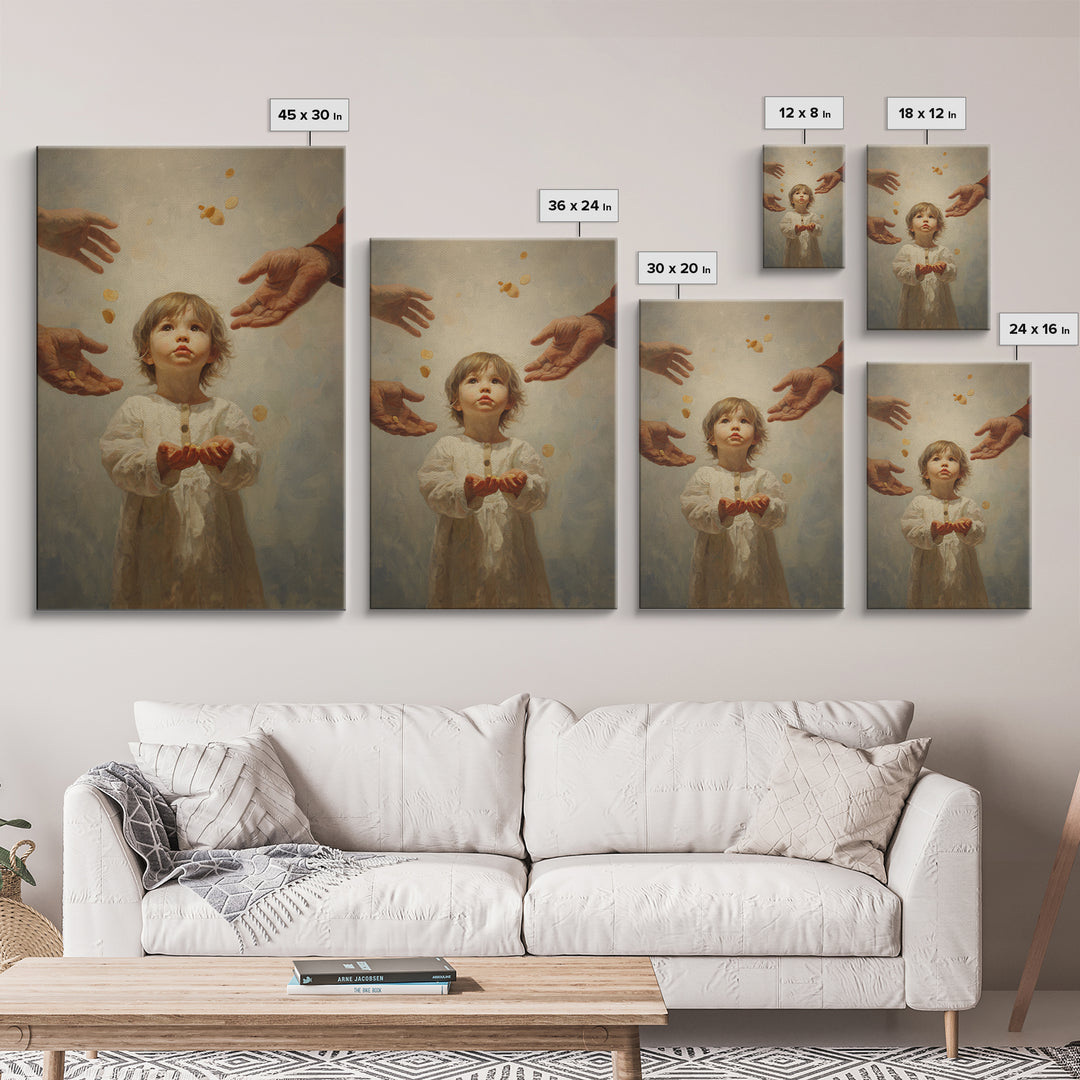 Wide Eyed Child Receiving Coins Framed Canvas Print, Classic Portrait Wall Art, Meaningful Gift, Soft Neutral Home Decor