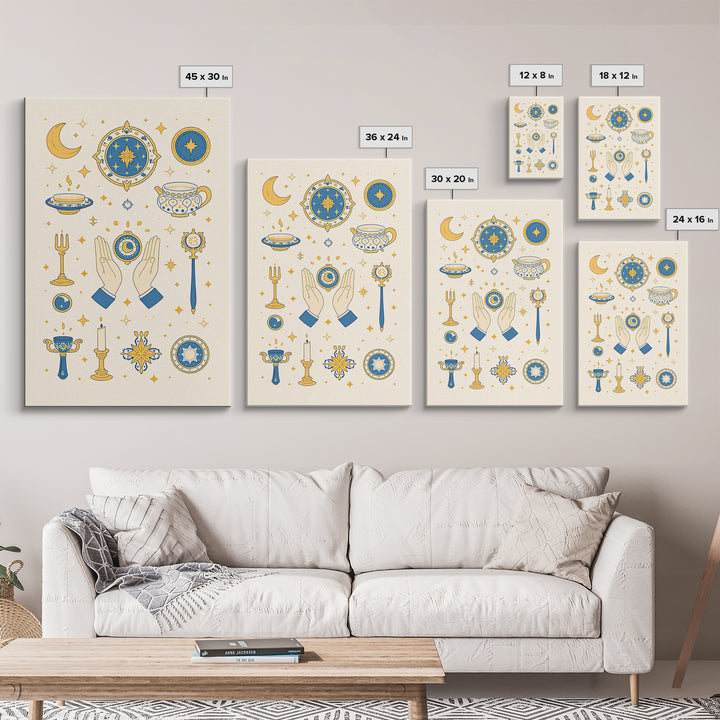 Blue Gold Celestial Symbols With Moon Hands And Stars Wall Art, Mystical Spiritual Boho Decor, Elegant Gallery Canvas Print