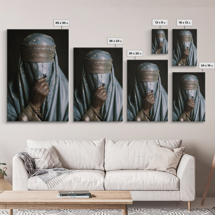 Blue Gold Veiled African Woman Portrait Framed Canvas Print, Luxury Afrocentric Wall Decor, Cultural Photography Fine Art