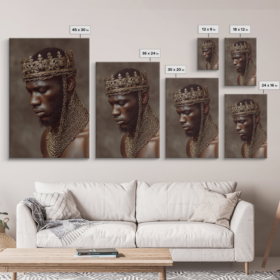 Profile Of Black King In Gold Crown And Chains Wall Art, African American Royal Portrait, Luxury Black Culture Decor Gift