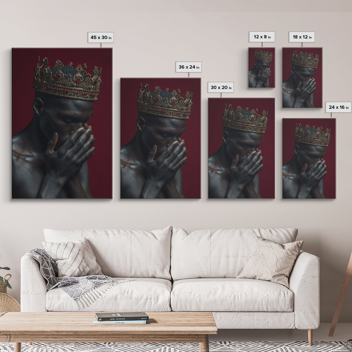 Praying Black King With Ruby Gold Crown Wall Art, African American Royal Portrait, Spiritual Black Culture Home Decor Gift
