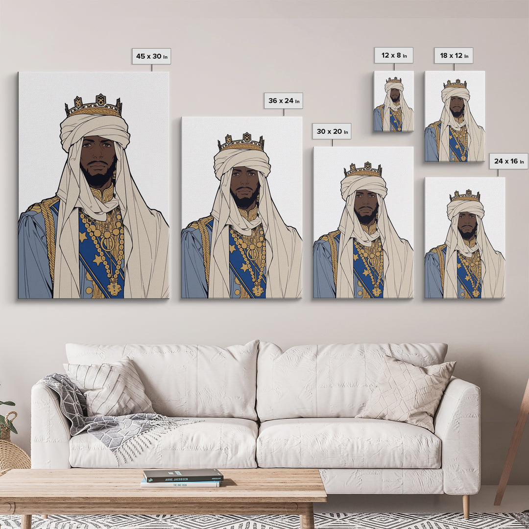 Regal African King In White Turban And Blue Robe Canvas Print, Afrocentric Royal Portrait Wall Art, Cultural Home Decor Gift