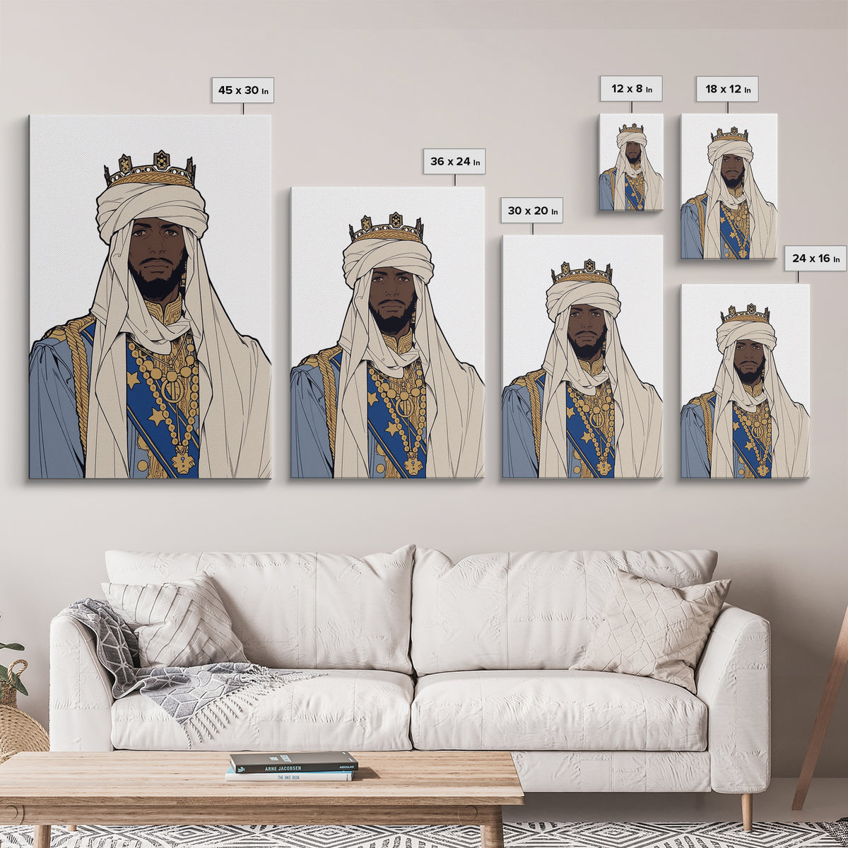 Regal African King In White Turban And Blue Robe Canvas Print, Afrocentric Royal Portrait Wall Art, Cultural Home Decor Gift