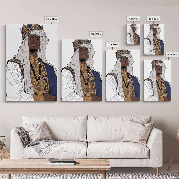 Regal African Prince In Crown White Turban And Blue Robe Framed Canvas Print, Afrocentric Black Royal Portrait Wall Art Decor