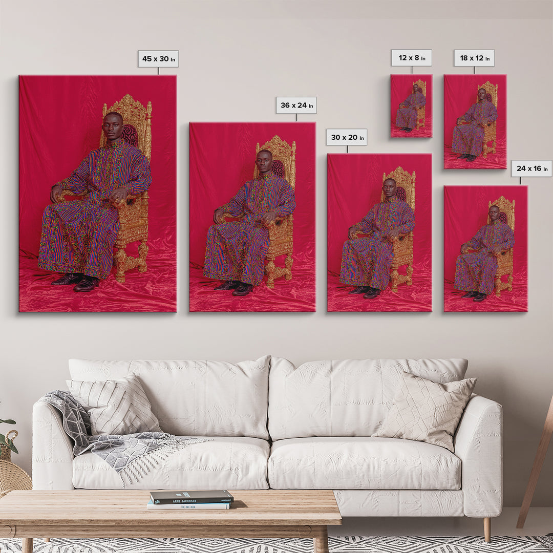 Regal African Man On Gold Throne Wall Art, Royal Black Portrait, Afrocentric Decor, African Fabric, Statement Canvas, Living Room Decor