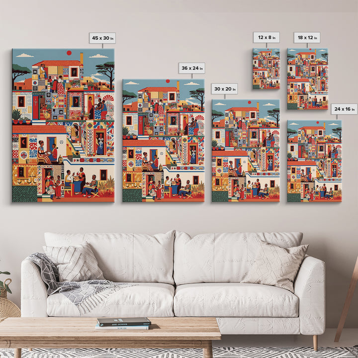 Vibrant African Neighborhood Scene Wall Art, Community Life Canvas Print, Patterned House, Afrocentric Cultural Decor, Gift
