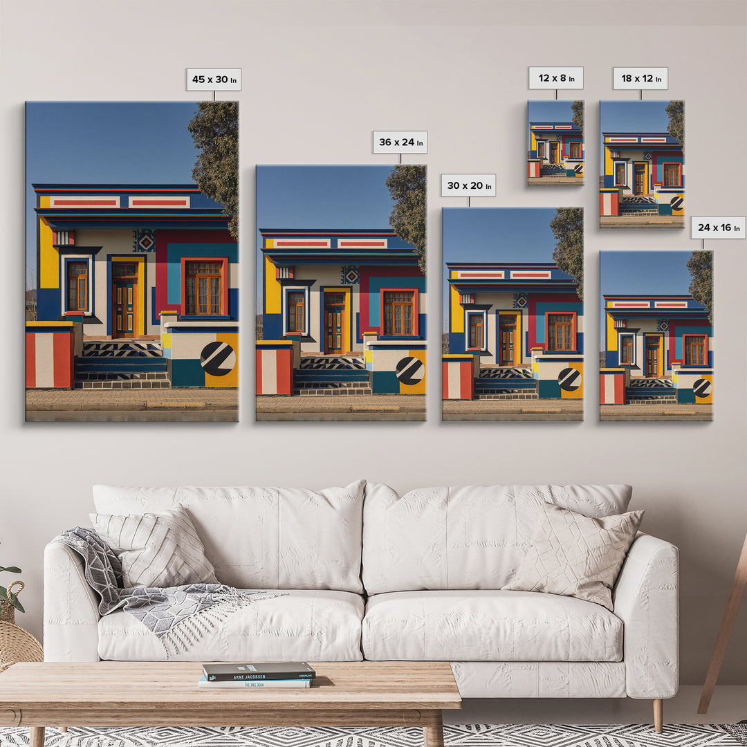 Bold Ndebele Street House Canvas Print, African Wall Art, Geometric Architecture, Colorful Tribal Living Room Decor Gift