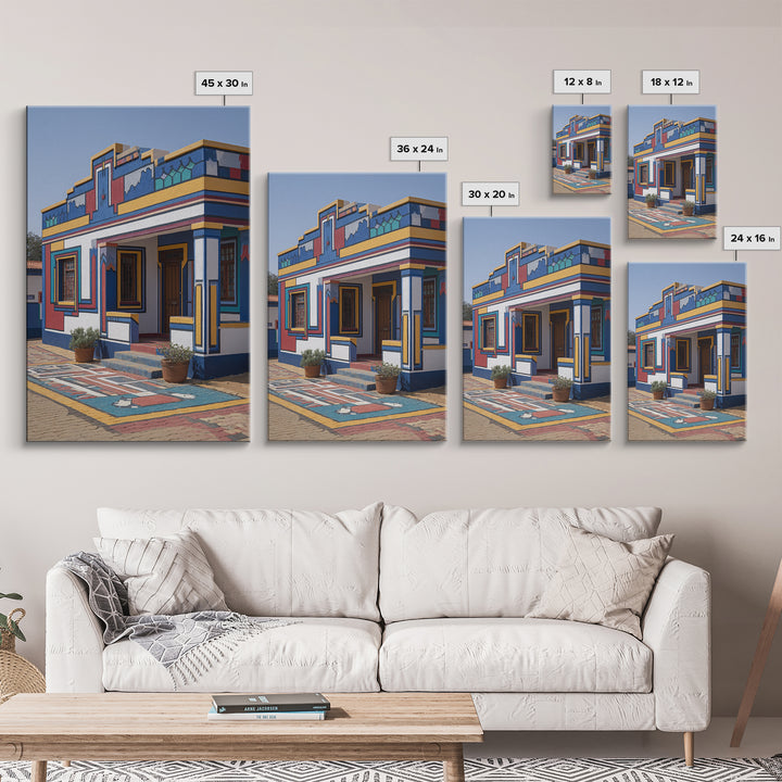 Bright Ndebele Painted Courtyard Framed Canvas Print, African Architecture Wall Art, Geometric Tribal Home Decor Statement Piece