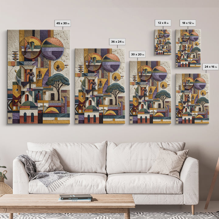 Abstract African Village Collage Canvas Print, Geometric Architecture Wall Art, Textured Cultural Home Decor Gift For Living Room