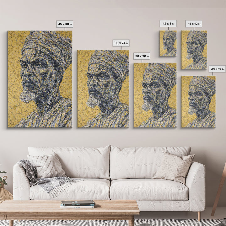 Wise Elder African Portrait Wall Art, Gold Line Drawing, Black History Decor, Afrocentric Cultural Home Decor Meaningful Gift For Him