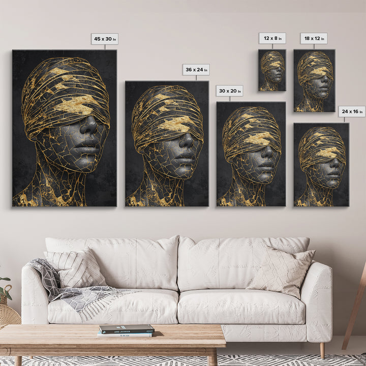 Blindfolded Gold Black Woman Canvas Print, African American Art, Feminine Afrocentric Portrait, Luxury Statement Home Decor