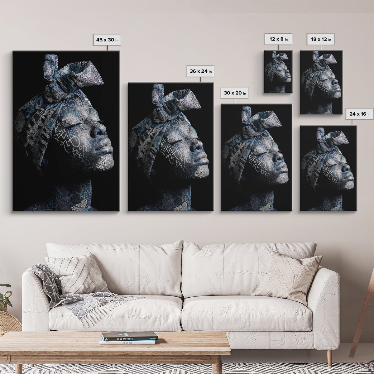 Blue Headwrap Black Woman Framed Canvas Print, African Portrait Art, Afrocentric Wall Decor, Modern Cultural Home Decor Gift