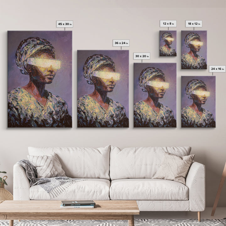 Visionary African Woman Canvas Print, Glowing Eye Light Portrait, Afrocentric Art, Spiritual Wall Decor, Female Power Gift