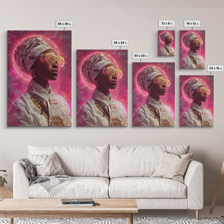 Neon Halo African Queen Wall Art, Sunglasses Headwrap Portrait, Afrofuturism Decor, Black Goddess Vibrant Pink Canvas Print