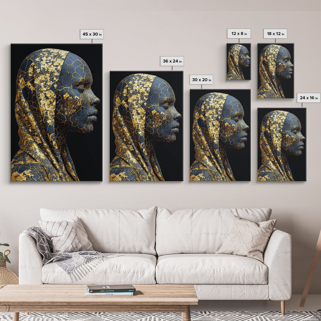 Gold Cracked African Woman Framed Canvas Print, Black Goddess Portrait, Luxury Afrocentric Wall Decor, Modern Statement Home Gift