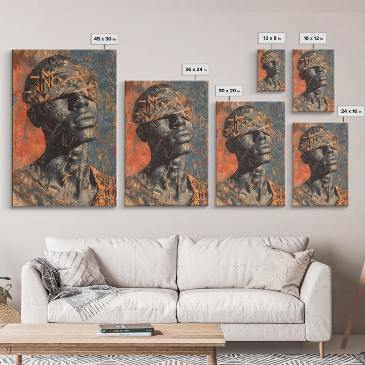 Blindfolded Black Woman Canvas Print, Abstract Typography Portrait, African American Art, Burnt Orange Afrocentric Decor