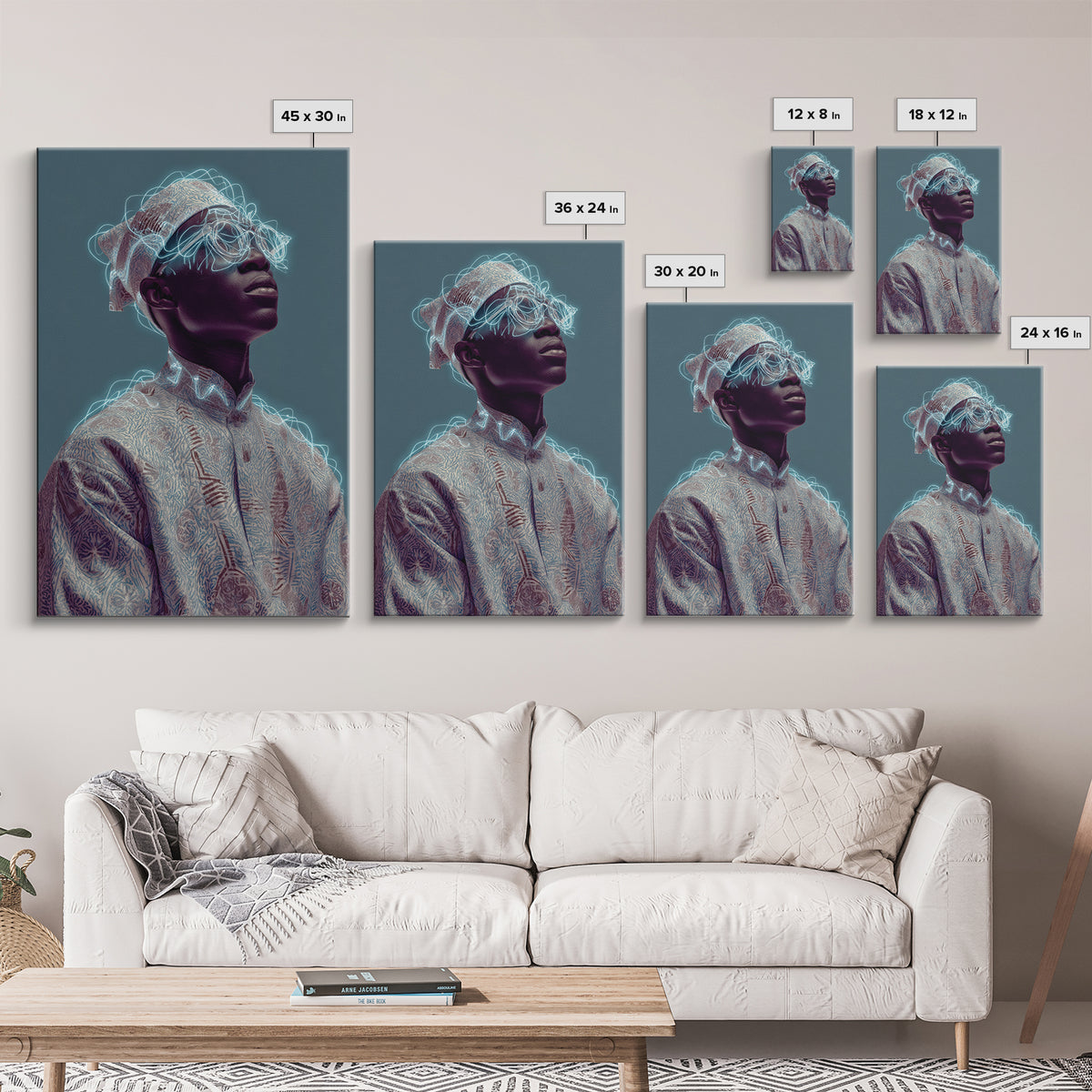 Afrofuturist Black Man Portrait With Neon Headwrap, Canvas Print, Modern African Art, Afrocentric Wall Decor, Black Culture Art