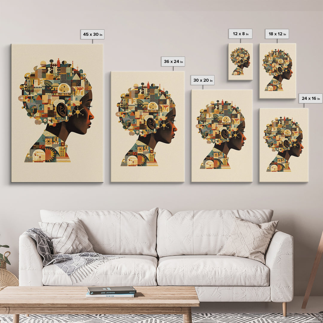 Profile Of African Woman With Architectural Afro, Wall Art, Geometric Portrait, Cultural Home Decor, Modern Afrocentric Art Print
