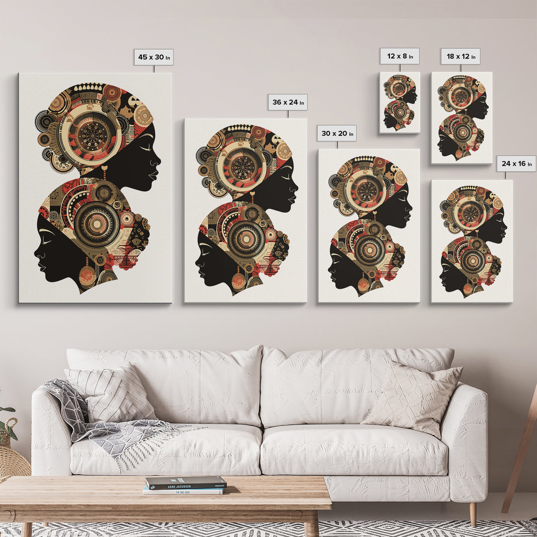 Two African Women Silhouettes With Tribal Circles, Canvas Print, Abstract African Art, Boho Wall Art, Cultural Decor Print