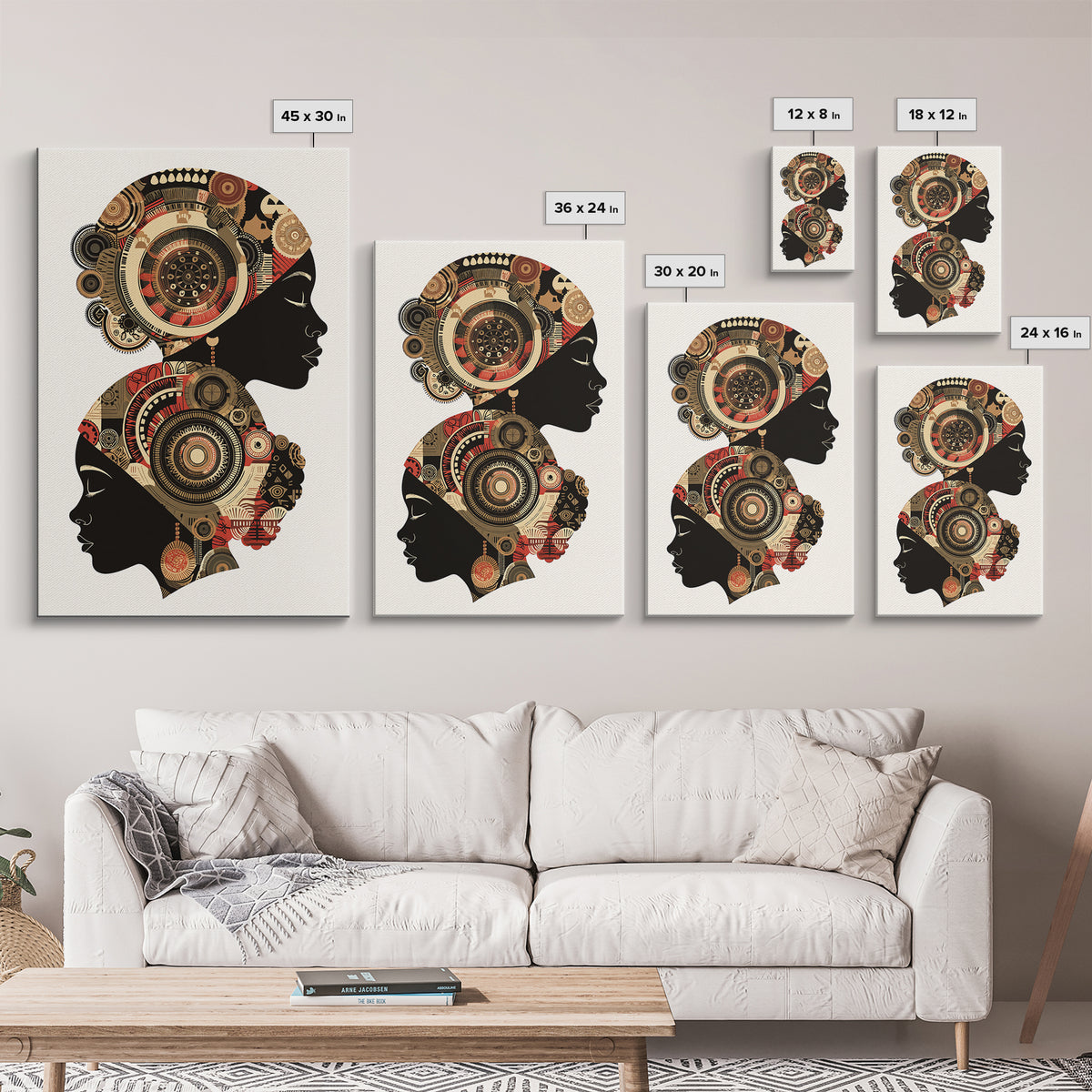 Two African Women Silhouettes With Tribal Circles, Canvas Print, Abstract African Art, Boho Wall Art, Cultural Decor Print