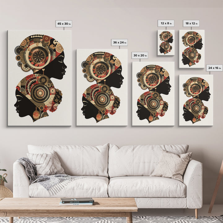 Two African Women Silhouettes With Tribal Circles, Canvas Print, Abstract African Art, Boho Wall Art, Cultural Decor Print
