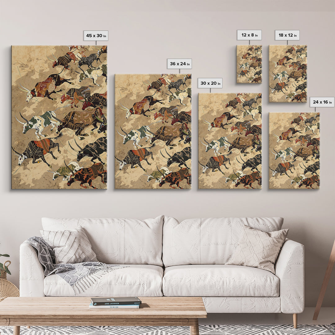 Running African Cattle With Tribal Patterns, Wall Art, Safari Animal Art Print, African Decor, Rustic Farmhouse Canvas Print
