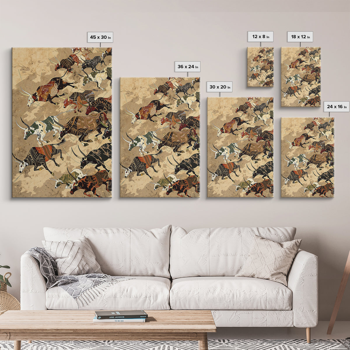 Running African Cattle With Tribal Patterns, Wall Art, Safari Animal Art Print, African Decor, Rustic Farmhouse Canvas Print