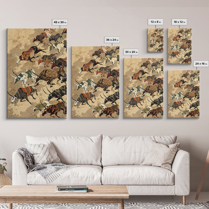 Running African Cattle With Tribal Patterns, Wall Art, Safari Animal Art Print, African Decor, Rustic Farmhouse Canvas Print