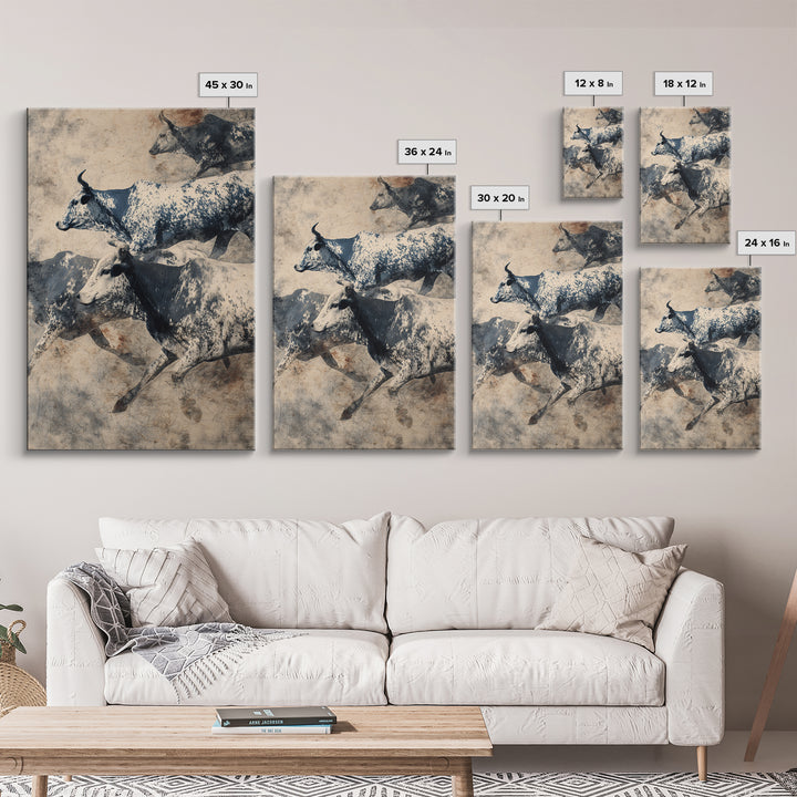 Charging Longhorn Cattle Herd In Sepia Dust, Canvas Print, African Safari Art, Rustic Wall Decor, Western Animal Painting