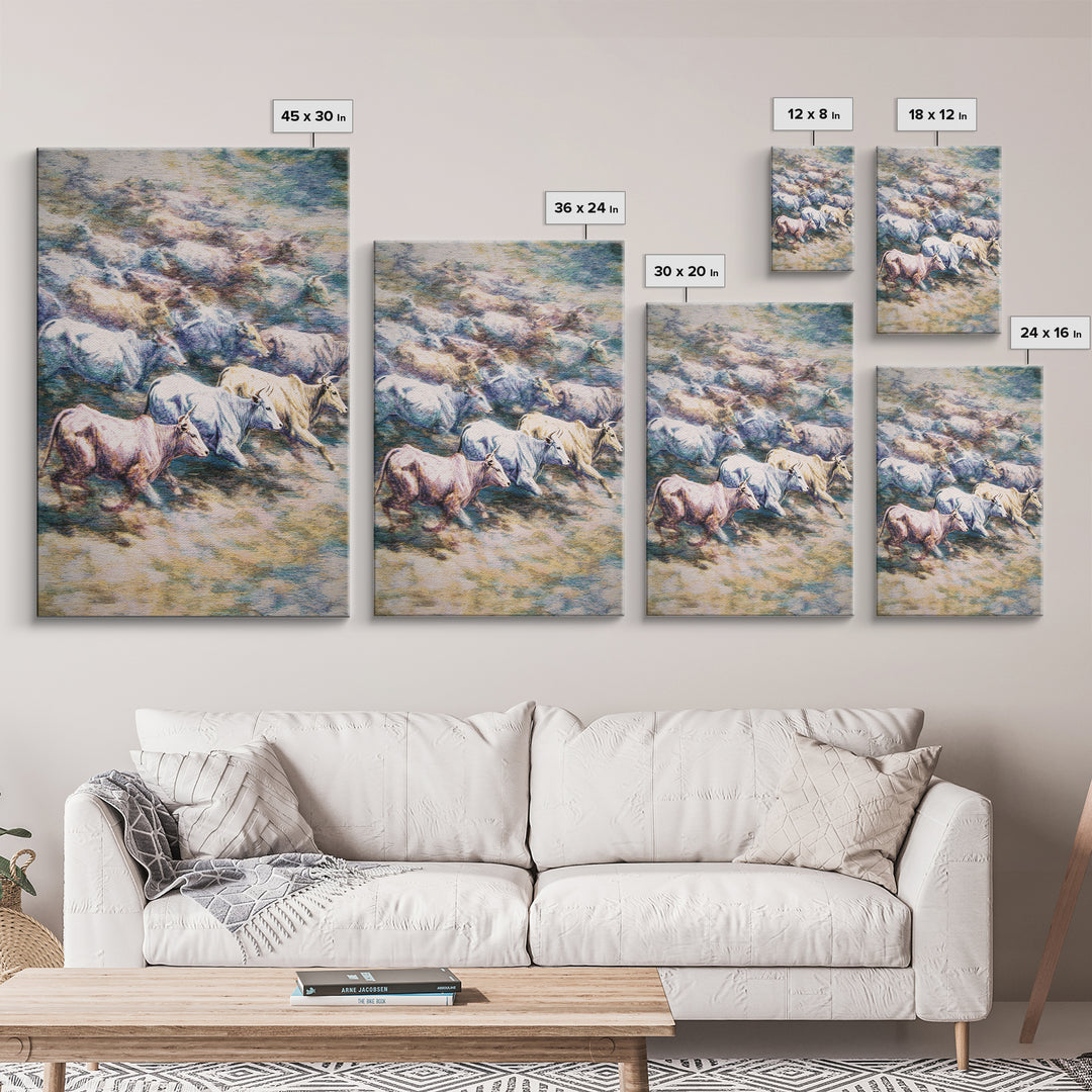 Colorful Running Cattle Herd Across Open Range, Wall Art, African Animal Art, Safari Decor, Textured Painting On Canvas Print