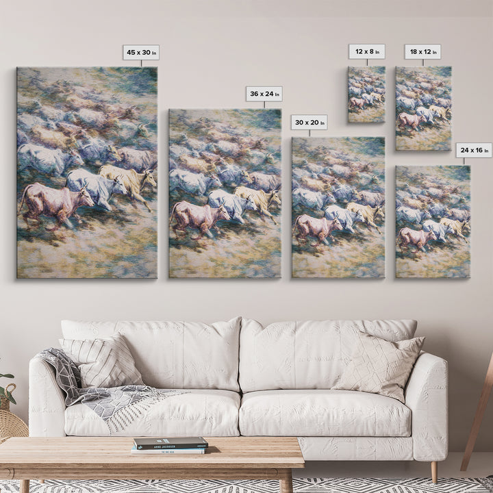 Colorful Running Cattle Herd Across Open Range, Wall Art, African Animal Art, Safari Decor, Textured Painting On Canvas Print