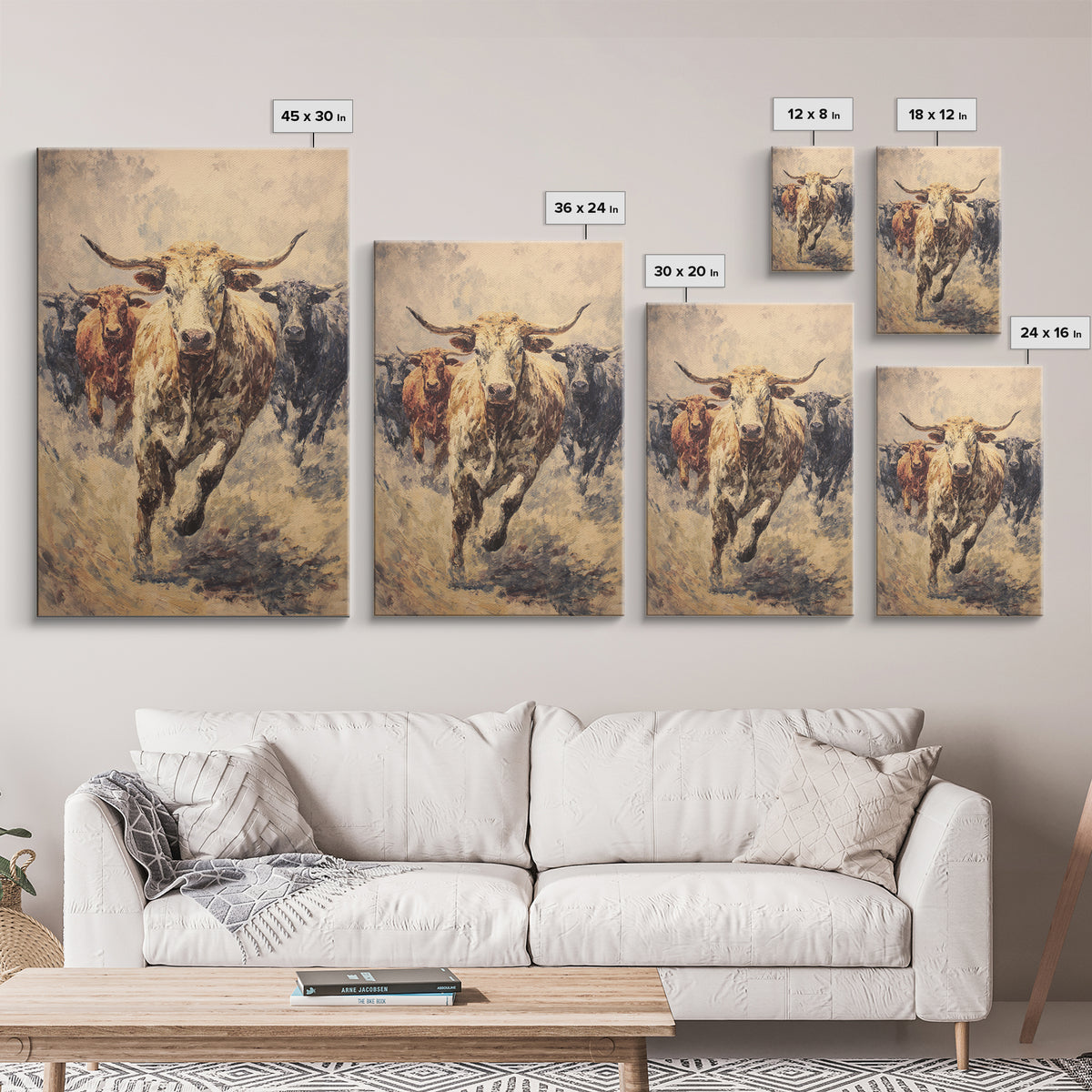 Powerful Longhorn Bull Herd Charging Forward, Framed Canvas Print, African Safari Wall Art, Rustic Animal Decor Gift For Him