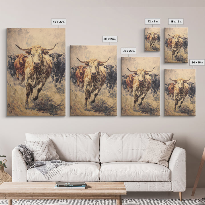 Powerful Longhorn Bull Herd Charging Forward, Framed Canvas Print, African Safari Wall Art, Rustic Animal Decor Gift For Him