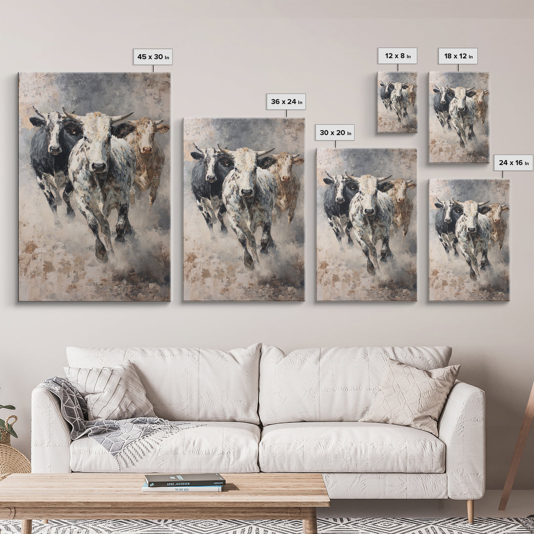 Charging Longhorn Cattle Framed Canvas Print, Western Animal Wall Art, Rustic Farmhouse Decor, Bold Living Room Painting