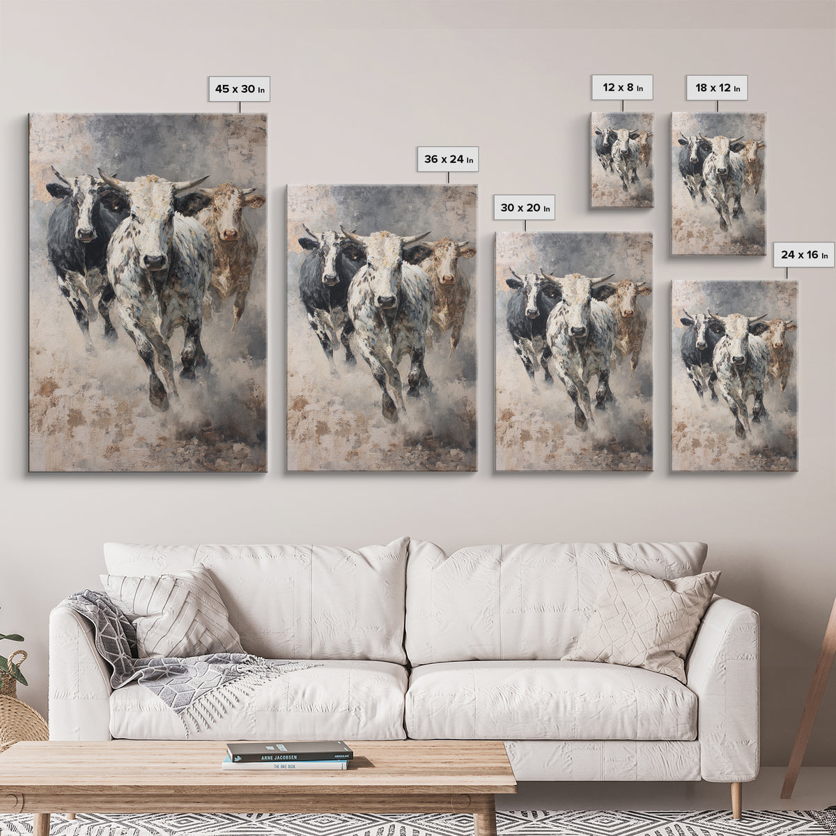 Charging Longhorn Cattle Framed Canvas Print, Western Animal Wall Art, Rustic Farmhouse Decor, Bold Living Room Painting