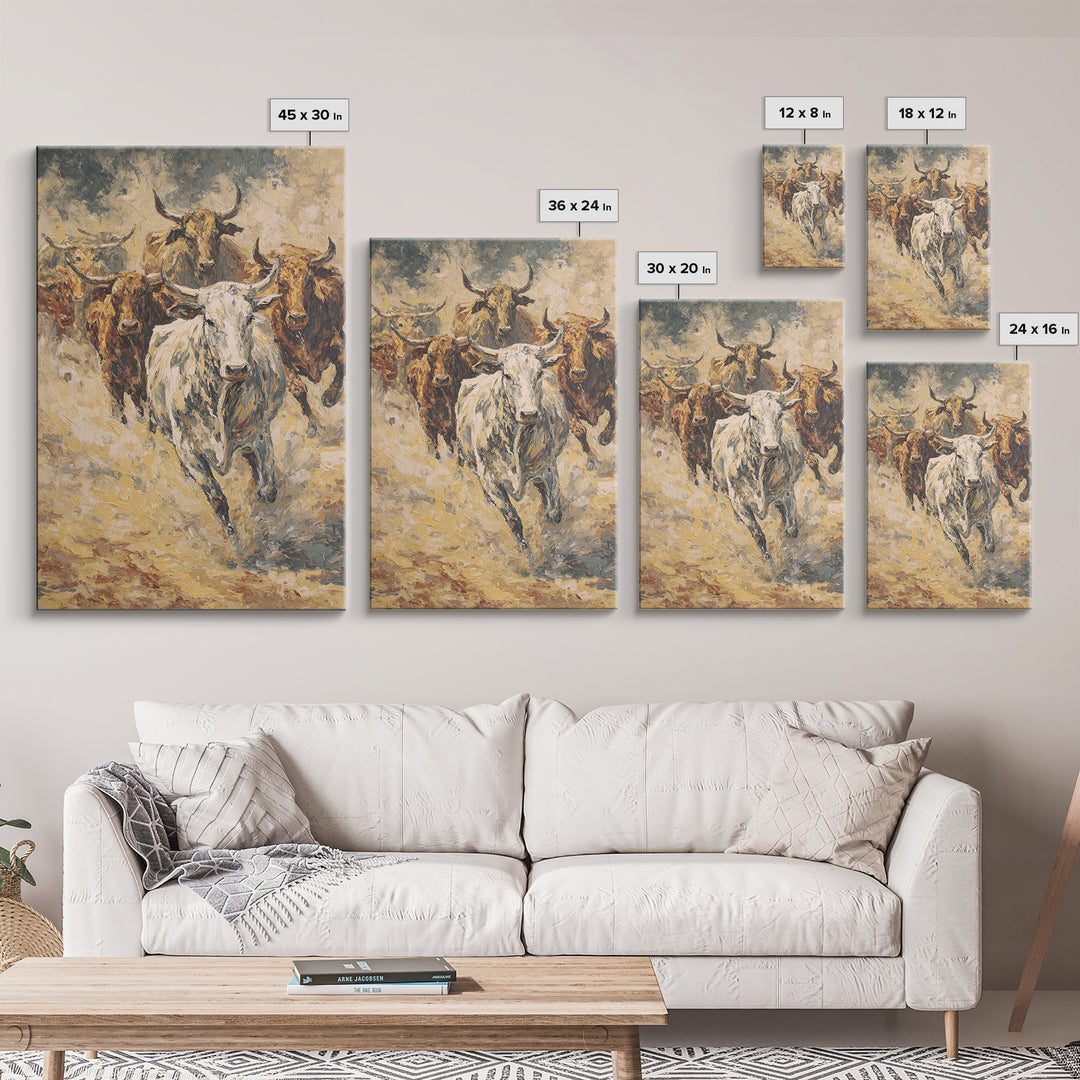 Textured Longhorn Herd Canvas Print, Western Bull Wall Art, Rustic Ranch Decor, Farmhouse Living Room Art, Earth Tone Painting