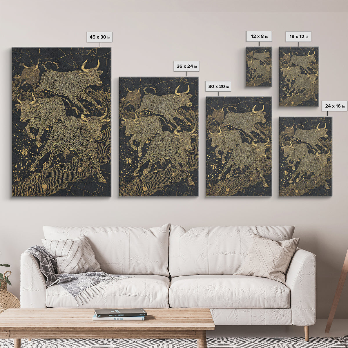 Gold Line Bulls On Black Wall Art, Modern Animal Canvas Print, Luxury Ranch Decor, Masculine Office Art, Bold Statement Piece