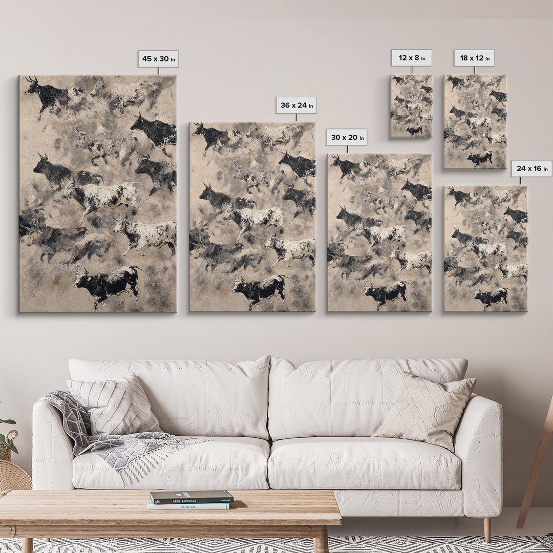 Monochrome Cattle Collage Wall Art, Abstract Animal Canvas Print, Rustic Neutral Decor, Black And White Art, Gallery Poster