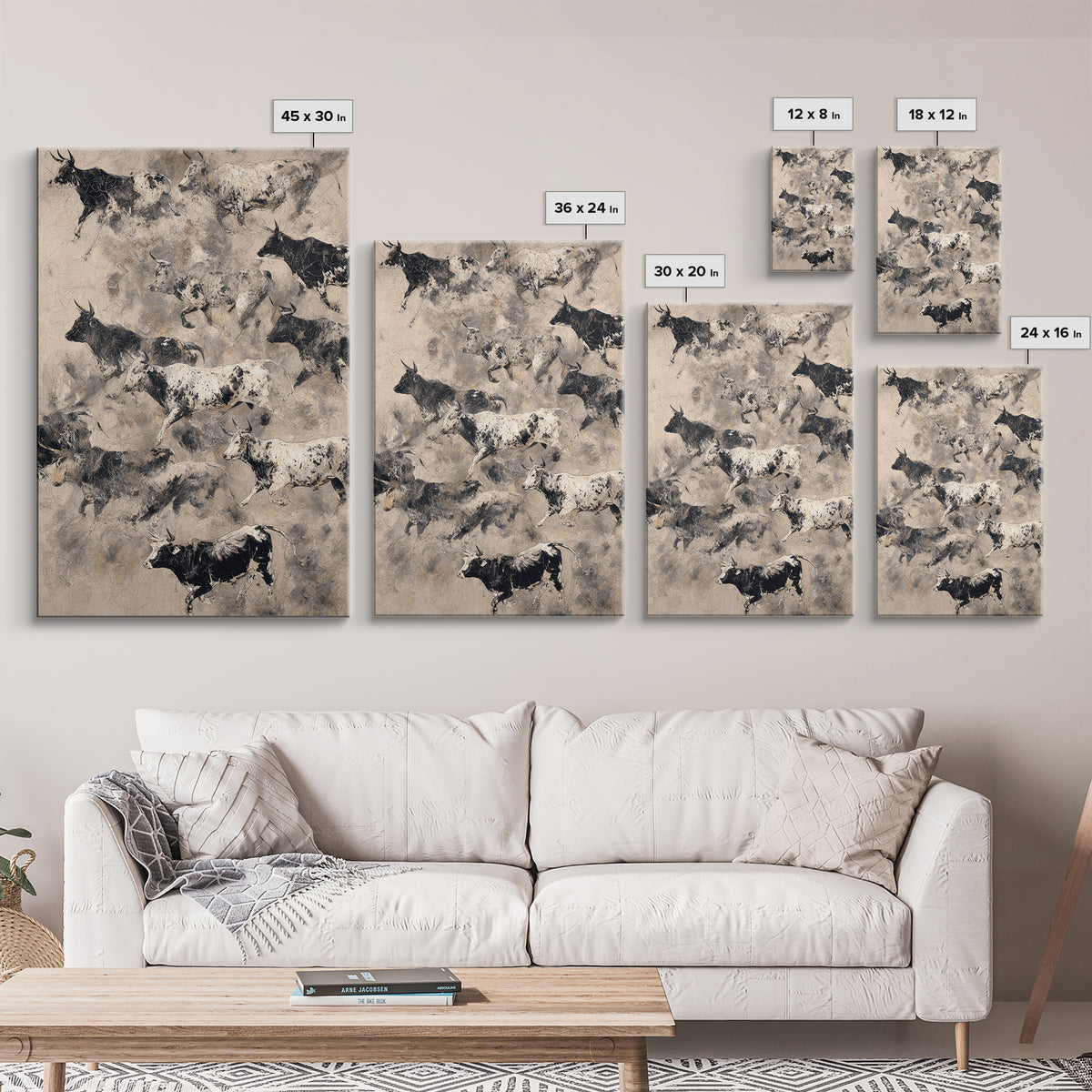 Monochrome Cattle Collage Wall Art, Abstract Animal Canvas Print, Rustic Neutral Decor, Black And White Art, Gallery Poster