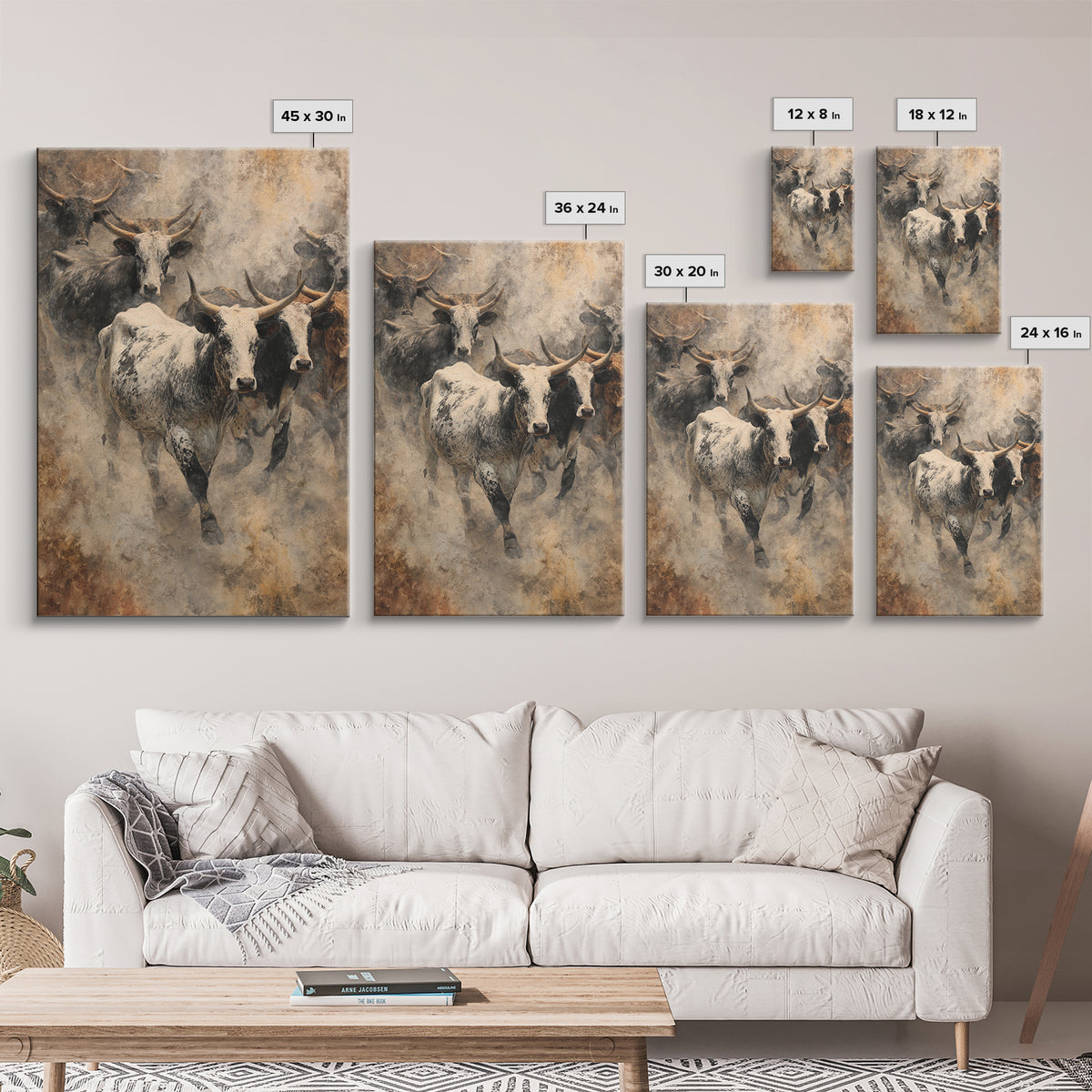 Dusty Longhorn Herd Framed Canvas Print, Western Bull Wall Art, Rustic Farmhouse Decor, Earth Tone Living Room Painting Gift