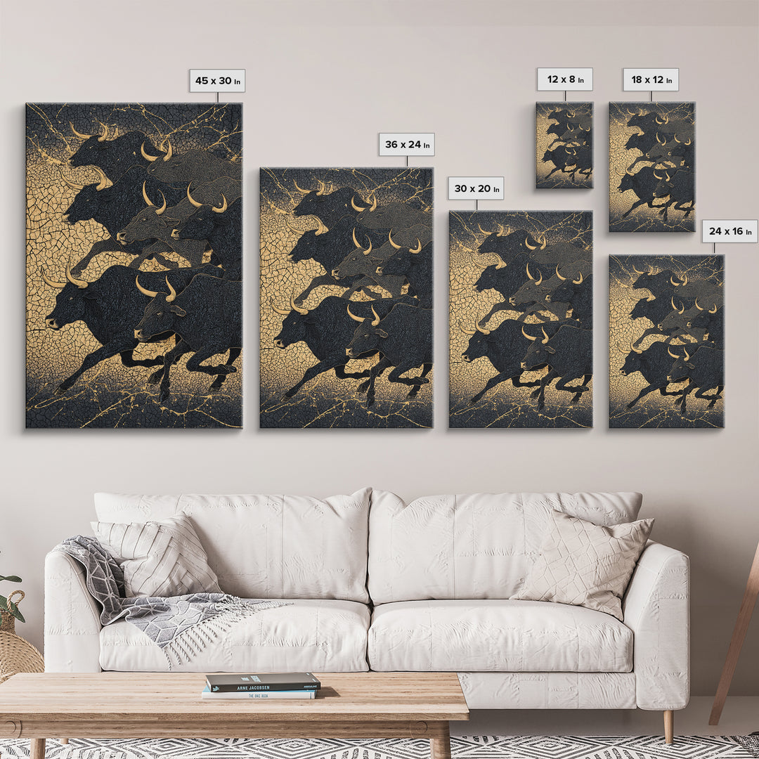Black And Gold Bull Herd Canvas Print, Dramatic Animal Wall Art, Luxury Ranch Decor, Masculine Office Art, Statement Piece