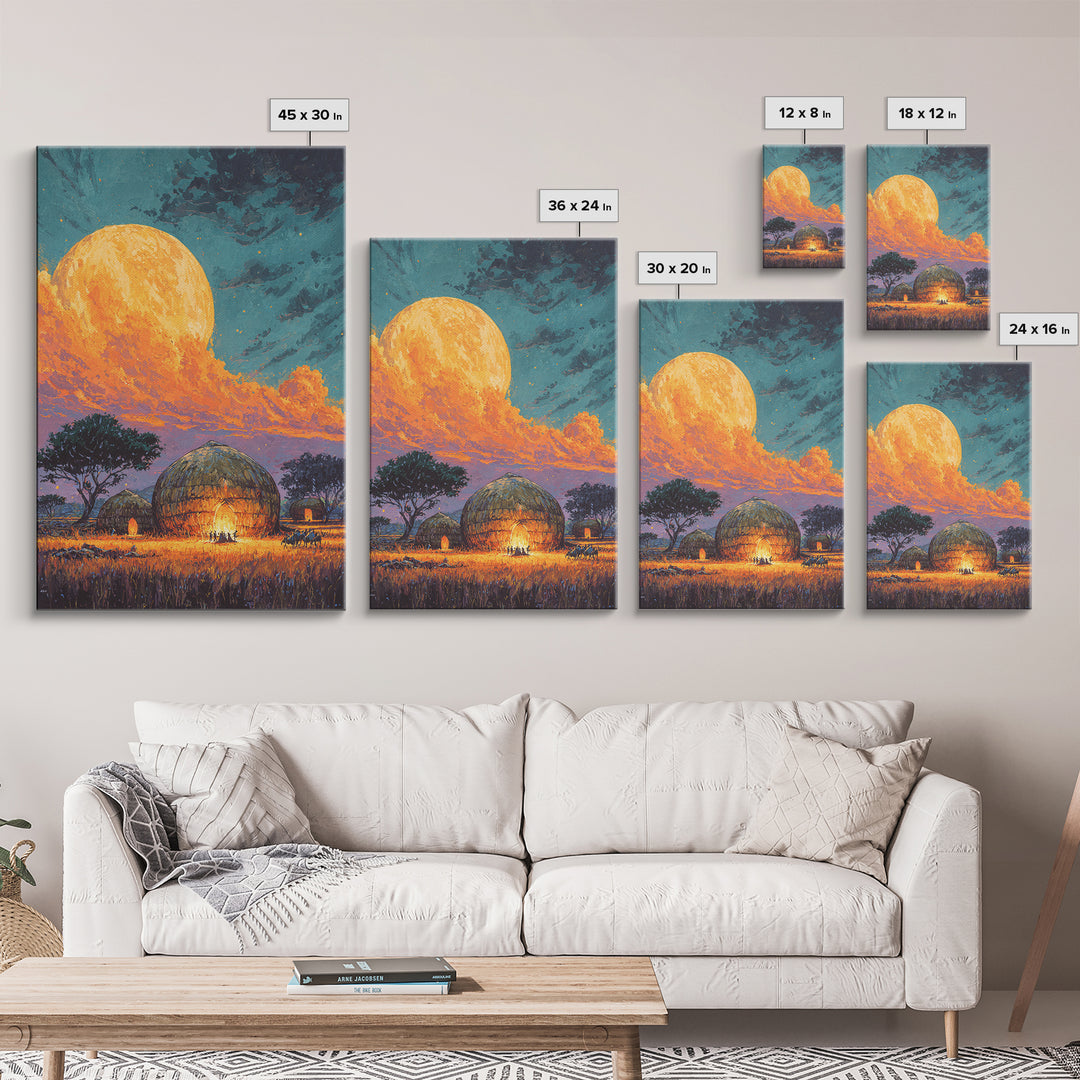 Full Moon African Hut Village Canvas Print, Serengeti Night Landscape, Safari Decor, African Inspired Wall Decor, Nature Scene Art