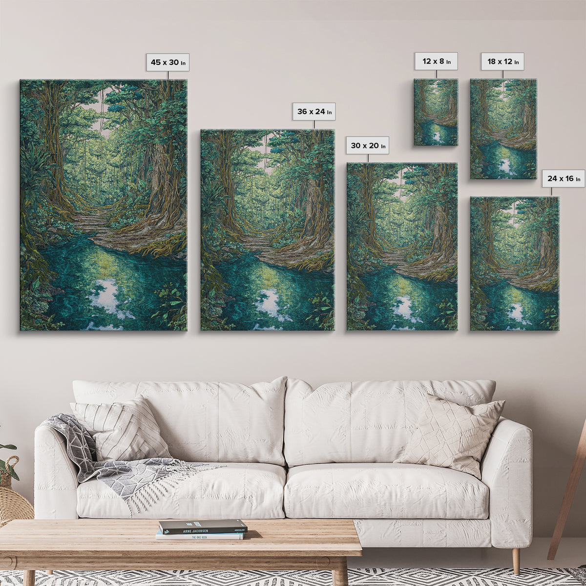 Rainforest River Path Framed Canvas Print, Ancient Jungle Roots, Green Nature Scene Art, Boho Wall Decor, Unique Home Decor