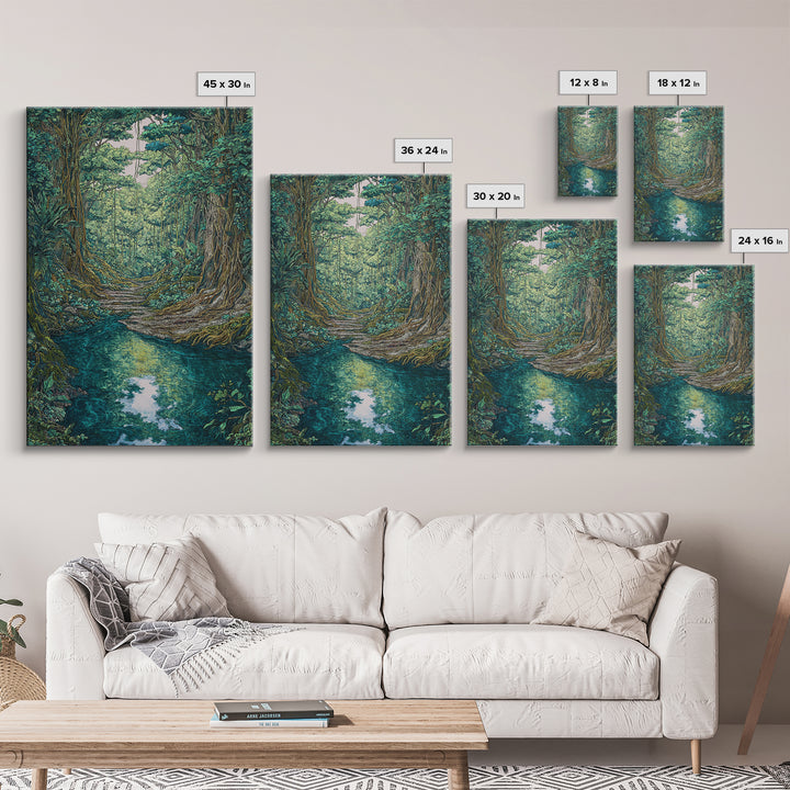 Rainforest River Path Framed Canvas Print, Ancient Jungle Roots, Green Nature Scene Art, Boho Wall Decor, Unique Home Decor