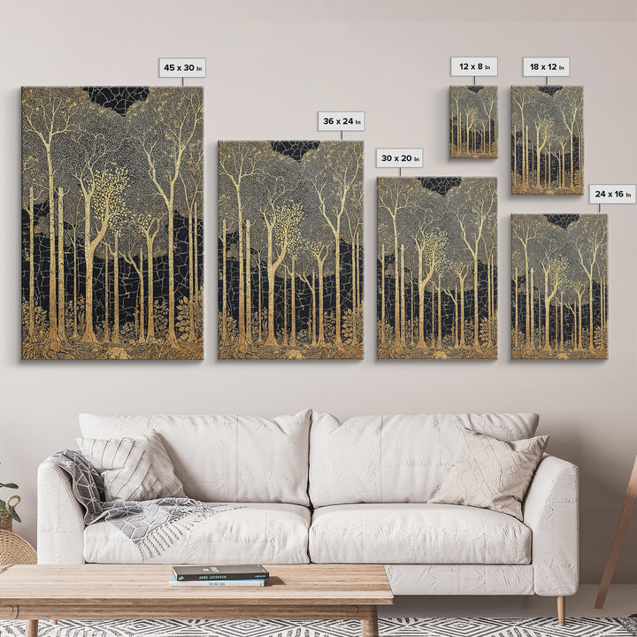 Black And Gold Forest Wall Art, Tall Tree Line Illustration, Abstract Nature Pattern, Elegant Home Decor, Luxury Art Print