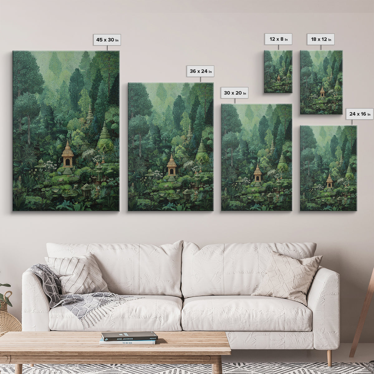 Secret Jungle Temple Garden Canvas Print, Lush Green Botanical Landscape, Spiritual Wall Art, Bohemian Decor Art, Living Room Decor